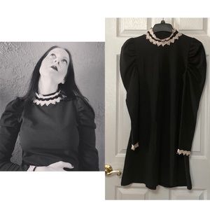 Widow Black Victorian Lolita Goth Lace Trim High Neck Mini Dress